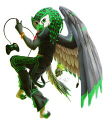  alpha_channel alternative_fashion anthro avian beak bird bondage_pants bottomwear bruta clothing controller cybergoth dreadlocks feathered_wings feathers glowstick goldentigerdragon goth owl pants pose rave solo vape wings 