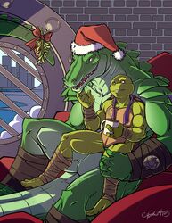  2015 anthro bandage beverage biceps christmas christmas_clothing christmas_headwear clothing crocodile crocodilian crocodylid cybercat donatello_(tmnt) duo hat headgear headwear hi_res holidays inside leatherhead male male/male mask muscular muscular_anthro muscular_male reptile romantic romantic_couple santa_hat scalie smile teenage_mutant_ninja_turtles teenage_mutant_ninja_turtles_(2003) turtle 