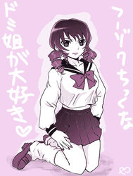  artist_request dominura_(simoun) drill_hair female hands_on_own_hips kneeling lipstick makeup monochrome nail_polish pink_theme pleated_skirt school_uniform serafuku simoun skirt solo translation_request 