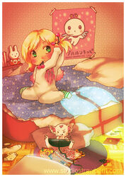  :q adjusting_hair bed blonde_hair commentary_request diana_jakobsson female green_eyes hair_bobbles hair_ornament lolicon magical_girl miffy miffy_(character) original pajamas pillow playing pururun_(kyatto_ninden_teyandee) short_hair smile socks striped tongue tongue_out watermark 