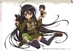  3girls absurdres ahoge alastor_(shakugan_no_shana) black_hair brown_eyes camera green_hair gun highres inukami! iwakura_kazunori jewelry kino_(kino_no_tabi) kino_no_tabi long_hair mini_person minigirl multiple_girls pendant red_eyes school_uniform shakugan_no_shana shana smile thighhighs weapon youko_(inukami) 