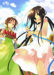  2girls black_hair day dress flower food fruit hat highres ito_noizi long_hair multiple_girls photoshop_(medium) sakai_chigusa shakugan_no_shana shana sundress sunflower watermelon 