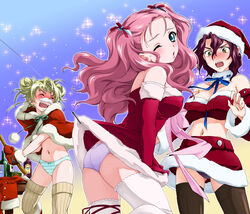  3girls aeru_(simoun) artist_request ass christmas clothes_lift multiple_girls neviril_(simoun) panties paraietta_(simoun) santa_costume simoun skirt skirt_lift striped_clothes striped_panties thighhighs underwear 