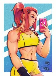  artist_name biceps bike_shorts border brigitte_(overwatch) brown_eyes brown_hair cellphone collaboration commentary english_commentary female forehead freckles gloves hair_ornament hairclip holding holding_phone iahfy lips long_hair messy_hair mole mole_under_eye muscular muscular_female navel outside_border overwatch overwatch_1 phone ponytail selfie shorts shoulder_tattoo sidelocks single_glove smartphone sports_bra stomach taking_picture tattoo thick_eyebrows vashperado white_border yellow_shorts yellow_sports_bra 