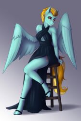  absurd_res anthro anthrofied black_eyeliner clothing dress equid equine eyeliner eyeshadow fairdahlia female friendship_is_magic furniture hasbro hi_res lightning_dust_(mlp) makeup mammal my_little_pony mythological_creature mythological_equine mythology pegasus pose sitting solo stool wings 