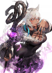  animal_ears aoin aura black_dress black_mage_(final_fantasy) breasts bright_pupils brooch cat_ears cat_tail choker cleavage dress facial_mark feather_hair_ornament feathers female final_fantasy final_fantasy_xiv finger_to_mouth fur_trim gloves glowing grey_eyes grey_hair hair_ornament highres holding holding_staff jewelry light_smile lips long_sleeves looking_at_viewer magic medium_breasts miqo&#039;te parted_lips partially_fingerless_gloves photoshop_(medium) ring short_hair simple_background single_glove solo staff tail upper_body whisker_markings white_pupils y&#039;shtola_rhul 