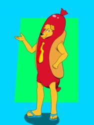  3:4 anthro bird_dog canid canine canis clothing costume domestic_dog food food_costume front_view golden_retriever grilled hi_res hot_dog hot_dog_costume hunting_dog male mammal mayor_golden penmark retriever simple_background solo standing 