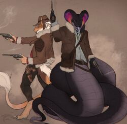  absurd_res anthro apode b.koal clothed clothing cobra cowboy cowboy_hat draconcopode dragon dual_wielding duo fur furred_dragon furred_scalie gun handgun hat headgear headwear hi_res holding_gun holding_handgun holding_object holding_ranged_weapon holding_revolver holding_weapon holster jacket kassix legless luscernic male mythological_creature mythological_scalie mythology naga pistol ranged_weapon reptile revolver scalie serpentine smile smirk snake tail tongue tongue_out topwear weapon weapon_holster wild_west 