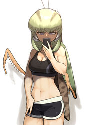  arthropod_girl black_sports_bra bug cellphone commentary_request dolphin_shorts evolvingmonkey female grasshopper grasshopper_inoue green_hair highres monster_girl muscular muscular_female original phone purple_eyes selfie short_shorts shorts smartphone solo sports_bra sportswear white_background 