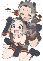  2girls :d american_beaver_(kemono_friends) american_beaver_(kemono_friends)_(cosplay) animal_ears antenna_hair appleq arm_up artist_name bare_legs barefoot beaver_ears beaver_tail bike_shorts blush boots bra breasts brown_eyes brown_hair closed_eyes collarbone commentary_request cosplay costume_switch cutoffs elbow_gloves eurasian_beaver_(kemono_friends) eurasian_beaver_(kemono_friends)_(cosplay) extra_ears facing_another gloves grey_hair hair_ornament hairclip highres hood hood_down hoodie jacket kemono_friends kneeling long_sleeves looking_up loose_clothes loose_gloves multicolored_hair multiple_girls open_clothes open_fly open_jacket open_mouth open_shorts shoes short_hair short_shorts shorts shorts_under_shorts simple_background single_shoe sitting small_breasts smile sparkle sparkling_eyes tail toes two-tone_hair underwear unworn_boots wariza white_background 