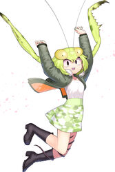  :d antennae arms_up arthropod_girl black_coat black_eyes black_footwear boots camouflage camouflage_skirt coat commentary_request evolvingmonkey female fur-trimmed_hood fur_trim green_hair green_nails green_skirt high_heel_boots high_heels highres hood hood_down jumping knee_boots long_sleeves looking_at_viewer mantis_akiyama mantis_girl monster_girl nail_art nail_polish open_mouth original parasite petals praying_mantis sharp_teeth shirt short_hair skirt smile solo teeth theopropus_elegans twintails white_background white_shirt worm 