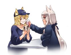  2girls alternate_costume animal_ear_fluff animal_ears blonde_hair blue_cardigan blue_headwear breasts cardigan cat_ears chewing closed_eyes collared_shirt commentary_request dark-skinned_female dark_skin doughnut eating food food_on_face girls&#039;_frontline gradient_hair hair_ornament hair_ribbon hairclip hat henshako holding holding_food korean_commentary large_breasts logo long_hair long_sleeves m500_(daydreaming_in_class)_(girls&#039;_frontline) m500_(girls&#039;_frontline) m590_(girls&#039;_frontline) m590_(recreation_after_school)_(girls&#039;_frontline) multicolored_hair multiple_girls napkin official_alternate_costume ribbon school_uniform shirt sidelocks smile table tied_hair upper_body white_hair white_shirt yellow_eyes 