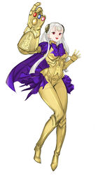  absurdres albino armor avengers:_infinity_war avengers_(series) boots breastplate breasts capcom_fighting_jam cape commentary_request commission cosplay female full_body gauntlets gold_armor hairpods highres infinity_gauntlet infinity_gems ingrid_(capcom) knee_boots long_hair marvel marvel_cinematic_universe medium_breasts oversized_gloves pixiv_commission purple_cape purple_skirt red_eyes showgirl_skirt skirt snapping_fingers solo teeth tetsu_(kimuchi) thanos thanos_(cosplay) upper_teeth_only white_background white_hair 