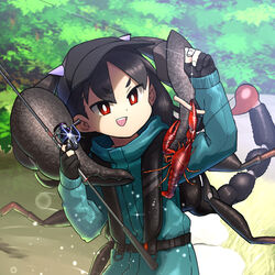  absurdres arthropod_girl black_hair commentary_request doyagao evolvingmonkey female fishing fishing_rod gloves hat highres jacket lobster looking_at_viewer monster_girl original outdoors partially_fingerless_gloves red_eyes scorpion_girl scorpion_tsuchida smug twintails 