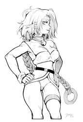  aisha_clanclan bare_shoulders bell belt blush bramblefix breasts bustier circlet cleavage collar commentary cropped_legs english_commentary female greyscale hands_on_own_hips highres jingle_bell long_braid long_hair looking_at_viewer medium_breasts monochrome neck_bell oerba_yun_fang outlaw_star panties pantyshot pointy_ears scrunchie shrug_(clothing) sideways_mouth signature slit_pupils solo standing thigh_strap thighs underwear very_long_hair wrist_scrunchie 