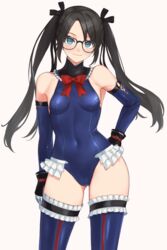  absurdres bare_shoulders black-framed_eyewear black_ribbon blue_eyes blue_one-piece_swimsuit blue_sleeves blue_thighhighs blush bow breasts closed_mouth commentary_request commission cosplay covered_navel dead_or_alive dead_or_alive_5 detached_sleeves female frilled_one-piece_swimsuit frills glasses gloves hair_ribbon hairbow hand_on_own_hip highres idolmaster idolmaster_shiny_colors lips long_hair looking_at_viewer marie_rose marie_rose_(cosplay) marie_rose_(devilish_servant_against_the_splashing_waves) mitsumine_yuika one-piece_swimsuit red_ribbon ribbon shiny_clothes simple_background skeb_commission small_breasts smile solo swimsuit taiyou-n thighhighs thighs turtleneck twintails 