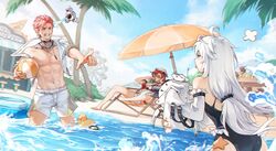  1boy 2girls absurdres ahoge beach beach_umbrella black_one-piece_swimsuit bra can casual_one-piece_swimsuit chinese_commentary commentary_request detached_sleeves drinking highres holding holding_can lifebuoy long_hair multiple_girls navel no.21&#039;s_buddy_(punishing:_gray_raven) no.21:_xxi_(solar_frost)_(punishing:_gray_raven) no.21_(punishing:_gray_raven) noctis_(punishing:_gray_raven) non-humanoid_robot ocean one-piece_swimsuit outdoors partial_commentary pointing punishing:_gray_raven qiu_chengrun red_bra red_eyes red_hair robot rubber_duck scar scar_on_face short_hair shorts sleeves_past_fingers sleeves_past_wrists starfish swim_ring swimsuit tongue tongue_out twintails umbrella underwear vera:_garnet_(wavebender)_(punishing:_gray_raven) vera_(punishing:_gray_raven) white_hair white_shorts white_sleeves 