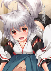  1boy animal_ears black_skirt blush breasts check_commentary collarbone comiket_93 commentary commentary_request cowgirl_position female grey_hair highres indoors inubashiri_momiji kei_kei kourindou_tengu_costume navel official_alternate_costume open_mouth red_eyes ribbon-trimmed_sleeves ribbon_trim short_hair skirt smile solo_focus tail touhou translated wide_sleeves wolf_ears wolf_girl wolf_tail 