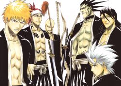  abarai_renji bleach hitsugaya_toushirou kuchiki_byakuya kurosaki_ichigo madarame_ikkaku male open_shirt sword tite_kubo zaraki_kenpachi 