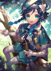  1boy androgynous beret black_hair blue_eyes blue_hair blurry blurry_background bow braid branch brooch cape collared_cape commentary_request day feathers flower gem genshin_impact gradient_hair green_eyes green_hat green_shorts hair_flower hair_ornament hat highres holding holding_instrument in_tree instrument jewelry kozou_kazaru leaf long_sleeves looking_at_viewer lyre male_focus multicolored_hair open_mouth outdoors pantyhose pinwheel shirt short_hair_with_long_locks shorts sitting sitting_in_tree smile solo tree twin_braids venti_(genshin_impact) white_flower white_pantyhose white_shirt 