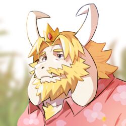  1:1 anthro asgore_dreemurr beard blonde_beard blonde_facial_hair blonde_hair boss_monster_(undertale) bovid bust_portrait caprine clothed clothing crown eyebrows facial_hair floral_print hair headgear horn leaf male mammal pink_clothing pink_shirt pink_topwear portrait rossciaco shirt solo topwear undertale undertale_(series) white_body 