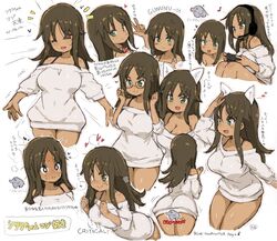  alice_gear_aegis animal_ears ass bare_shoulders blush bottomless breasts brown_hair cat_ears censored cleavage closed_mouth collarbone commentary_request controller dark-skinned_female dark_skin dress english_text fake_animal_ears female game_controller green_eyes highres holding kaneshiya_sitara large_breasts long_hair looking_at_viewer multiple_views novelty_censor open_mouth playing_games randou shirt simple_background sitting smile sweater sweater_dress translation_request v white_background 