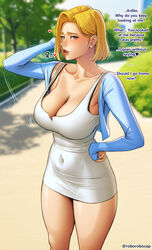  absurdres android_18 artist_name blue_eyes blurry blurry_background blush breasts cleavage collarbone commentary covered_navel dragon_ball dragon_ball_z earrings english_commentary english_text female fingernails hair_behind_ear heart highres huge_breasts impossible_clothes jewelry korean_commentary long_sleeves looking_at_viewer medium_hair mixed-language_commentary open_mouth outdoors red_lips roborobocap sharp_fingernails sleeves_past_wrists strap_gap thick_thighs thighs tight_clothes twitter_username 