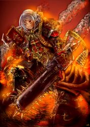  armor bolter chains commentary female highres koyamanatsu pauldrons photoshop_(medium) power_armor red_eyes shoulder_armor skull smoke sword warhammer_40k weapon white_hair 