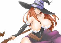  bare_shoulders bouncing_breasts breasts brown_eyes brown_hair commentary_request detached_sleeves dragon&#039;s_crown dress female hat hat_over_one_eye huge_breasts long_hair namakemono_(u446644k) one_eye_covered side_slit solo sorceress_(dragon&#039;s_crown) staff strapless strapless_dress witch_hat 