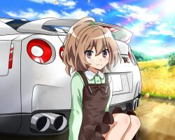  aisaka_taiga blush brown_eyes brown_hair car cloud commentary_request day dirt_road dress exhaust_pipe female field long_hair motor_vehicle nissan nissan_gt-r petals road sitting sky smile solo spoiler_(automobile) sports_car tail_lights toradora! wingheart 