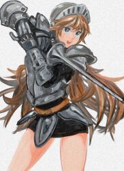  2dgoril armor blue_eyes brown_hair commentary_request female genderswap_(mtf) helmet highres knight lance long_hair makaimura open_mouth polearm rule_63 simple_background sir_arthur_(makaimura) solo very_long_hair weapon 