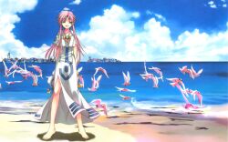  amano_kozue aria barefoot birds blue_eyes clouds feet island islands landscape mizunashi_akari ocean sand smile summer wallpaper 