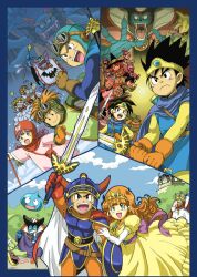  1990s_(style) 6+boys 6+girls baramos blonde_hair blue_border border breasts chiezo collage commentary_request dragon_lord dragon_quest dragon_quest_i dragon_quest_ii dragon_quest_iii everyone fighter_(dq3) gloves goggles gold_trim hargon hero_(dq1) hero_(dq3) hood jester_(dq3) long_hair mage_(dq3) medium_breasts medium_hair merchant_(dq3) monster multiple_boys multiple_girls open_mouth priest_(dq3) prince_of_lorasia prince_of_samantoria princess_laura princess_of_moonbrook princess_of_samantoria retro_artstyle roto_(dq3) sage_(dq3) sidoh slime_(dragon_quest) soldier_(dq3) zoma 