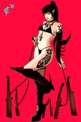  bikini black_bikini black_hair boots bridal_gauntlets chains choker commentary cross_(guncross) dark_eldar elbow_gloves eldar female full_body gloves headband heresy long_hair midriff pointy_ears ponytail simple_background solo swimsuit sword tattoo warhammer_40k weapon 