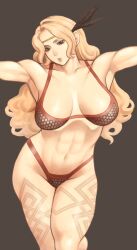  abs amazon amazon_(dragon&#039;s_crown) armor armpits bikini bikini_armor blonde_hair breasts brown_eyes curvy dragon&#039;s_crown feathers feathers female headband large_breasts long_hair muscle muscles muscular_female navel simple_background solo swimsuit takasugi_kou tattoo vanillaware 