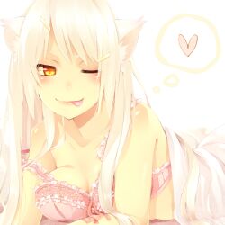  :p alternate_breast_size animal_ears ayuteisyoku bakemonogatari bare_shoulders black_hanekawa blush bra breasts cat_ears cat_girl commentary_request female hair_ornament hairclip hanekawa_tsubasa heart lingerie long_hair lying medium_breasts monogatari_(series) nekomonogatari on_stomach one_eye_closed pink_bra solo strap_slip tongue tongue_out underwear white_hair yellow_eyes 