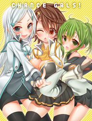  3girls ahoge bare_shoulders black_legwear blush border_break break_chance_girl_(border_break) breasts brown_eyes brown_hair character_name class_chance_girl_(border_break) cleavage double_chance_girl_(border_break) english female green_eyes green_hair grey_eyes grey_hair hair_ornament hairclip highres inuue_kiyu jacket large_breasts long_hair multiple_girls necktie oerba_yun_fang off_shoulder open_mouth oversized_clothes payot short_hair short_twintails sidelocks simple_background skirt sleeves_past_wrists smile socks solo standing thighhighs twintails white_background wink zettai_ryouiki 