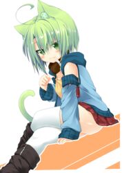  :3 ahoge animal_ears blush boots cat_ears cat_tail collar commentary_request crossed_legs detached_sleeves dodome-iro_mayonnaise female green_eyes green_hair hood hood_down hoodie original sharon_(dodomayo) short_hair sitting skirt solo tail thighhighs white_thighhighs 