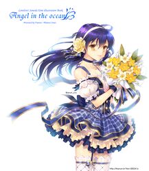  artist_name baby&#039;s-breath bad_id bad_pixiv_id bare_shoulders blue_dress blue_hair bouquet character_name check_flower choker commentary_request dress english_text female floating_hair flower flower_request frills garter_straps hair_between_eyes hair_flower hair_ornament holding lily_(flower) long_hair looking_at_viewer love_live! love_live!_school_idol_festival love_live!_school_idol_project orange_flower pleated_skirt polka_dot ribbon simple_background skirt smile solo sonoda_umi thighhighs title trianon tulip twitter_username white_background white_flower white_thighhighs yellow_eyes yellow_flower 