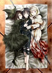  3girls anklet barefoot black_hair blonde_hair blood boots brown_eyes brown_hair choker demon&#039;s_souls dress feet female from_software grey_eyes hat highres hood jewelry long_hair lying maiden_astraea maiden_in_black multiple_girls old-one robe short_hair souls_(from_software) staff witch_hat yuria_the_witch 