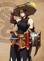  bare_shoulders blue_eyes breasts brown_hair chin_strap commentary detached_sleeves english_commentary female hakama hakama_skirt hat_feather japanese_clothes large_breasts monster_hunter_(character) monster_hunter_(series) monster_hunter_portable_3rd photoshop_(medium) polarityplus ribbed_sweater sheath sheathed shield short_hair skirt sleeveless sleeveless_turtleneck smile solo sweater sword turtleneck weapon yukumo_(armor) 