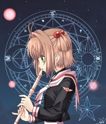  bad_id bad_pixiv_id brown_hair cardcaptor_sakura dodecagram female flute green_eyes instrument kinomoto_sakura magic_circle ranshao recorder school_uniform serafuku short_hair solo tomoeda_elementary_school_uniform 