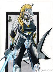  2016 adleisio anthro armor blonde_hair blue_eyes blue_lightsaber braided_hair breasts carcharhinus dirty female fish hair hi_res holding_object holding_weapon knight lightpike lightsaber lightsaber_polearm looking_at_viewer marine melee_weapon non-mammal_breasts pike_(weapon) pinup ponytail portrait pose requiem_shark shark silvertip_shark solo star_wars theia warrior weapon 