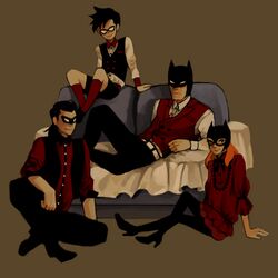  3boys alternate_costume barbara_gordon batgirl batman batman_(series) black_hair black_legwear blue_upholstery brothers bruce_wayne couch dc_comics dcau dick_grayson domino_mask family father father_and_son female formal mana_(pixiv) mask multiple_boys nightwing orange_hair red_shirt robin_(dc) shirt siblings sitting tim_drake vest waistcoat 