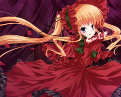  blonde_hair blue_eyes bonnet commentary_request female long_hair petals photoshop_(medium) rose_petals rozen_maiden shinku solo twintails very_long_hair yuzuno_ha 