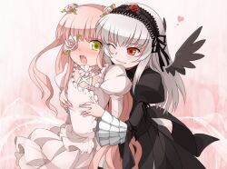  2girls black_wings blush breasts commentary dress flower flower_over_eye frills grabbing grabbing_another&#039;s_breast green_eyes grey_hair hairband heart kirakishou lolita_fashion mtyy multiple_girls open_mouth photoshop_(medium) rose rozen_maiden small_breasts suigintou wings yuri 