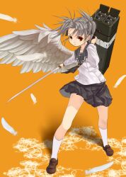  commentary_request dai_(series) daiakuji dual_wielding feathers female full_body holding junly loafers multishot_rocket_launcher orange_eyes photoshop_(medium) pleated_skirt rocket_launcher school_uniform serafuku shadow shoes short_hair short_twintails silver_hair simple_background single_wing skirt solo standing sword takega_satsu twintails weapon white_legwear wings 