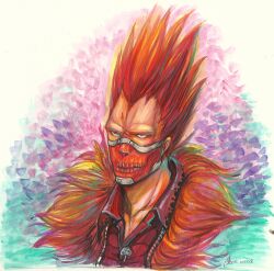  1boy colorful commentary_request dorohedoro en_(dorohedoro) helen8143 highres male_focus mask no_eyebrows photoshop_(medium) red_hair solo traditional_media 