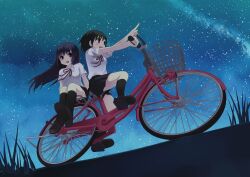  2girls :d ascot basket bicycle bicycle_basket black_eyes black_footwear black_hair black_legwear black_skirt blouse blush_stickers commentary_request dutch_angle floating_hair from_below grass hinuki_marina kneehighs long_hair looking_at_viewer looking_away milky_way multiple_girls multiple_riders neck_ribbon night night_sky open_mouth original outdoors outstretched_arm pointing ribbon riding school_uniform shirt shoes short_hair short_sleeves sidesaddle skirt sky smile socks star_(sky) stargazing starry_sky white_shirt wind 