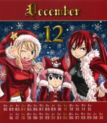  3girls animal_hat bad_link blonde_hair blue_hair brown_eyes calendar_(medium) cat_hat christmas december erza_scarlet fairy_tail fur_trim hand_on_own_hip hat hat_with_ears headpat long_hair lucy_heartfilia mashima_hiro mittens multiple_girls official_art one_eye_closed red_hair red_theme santa_costume santa_hat scarf side_ponytail snow snowflakes wendy_marvell 